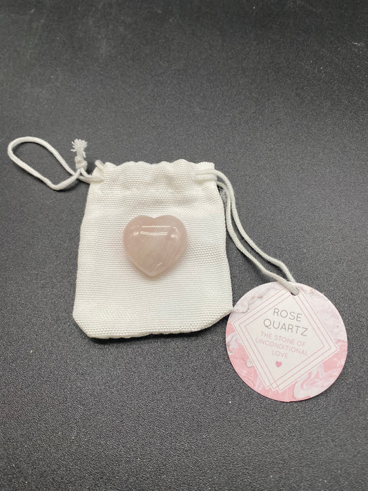 Polished Rose Quartz Heart with White Drawstring Gift Bag