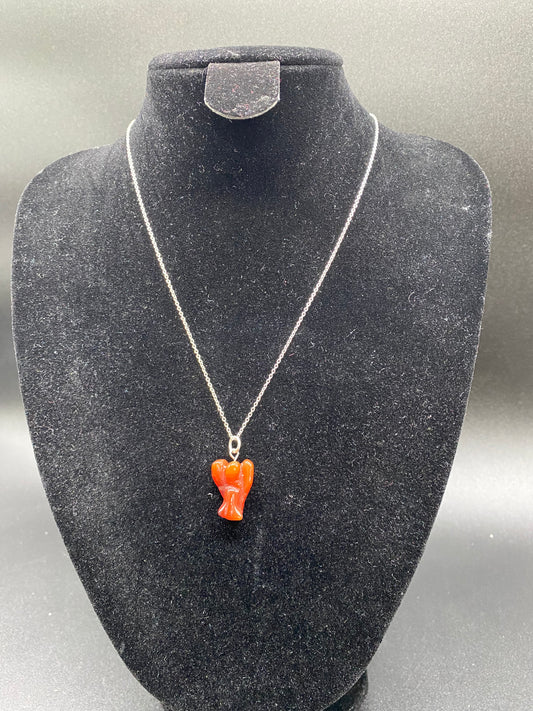 Natural Carnelian Angel Pendant Hand-Carved Gemstone 925 Sterling Silver Necklace