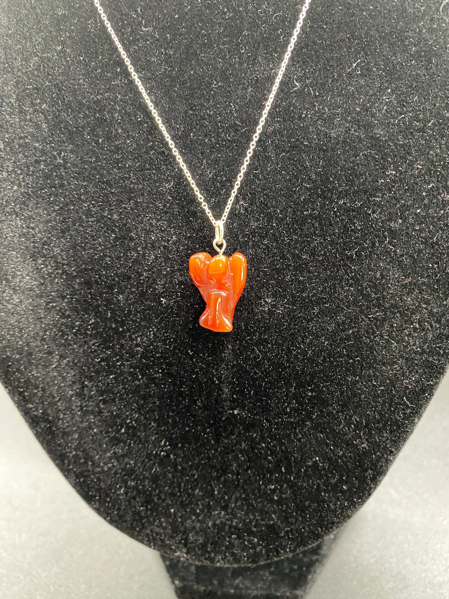 Natural Carnelian Angel Pendant Hand-Carved Gemstone 925 Sterling Silver Necklace