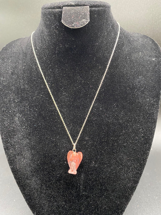 Strawberry Quartz Carved Angel Pendant on Sterling Silver Necklace