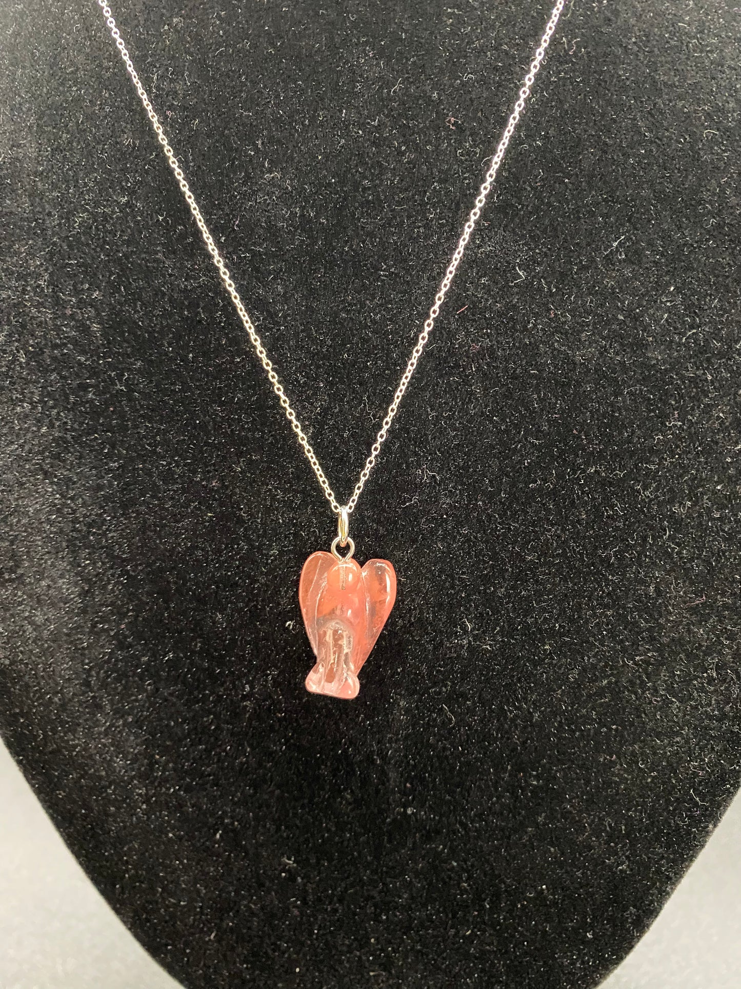 Strawberry Quartz Carved Angel Pendant on Sterling Silver Necklace