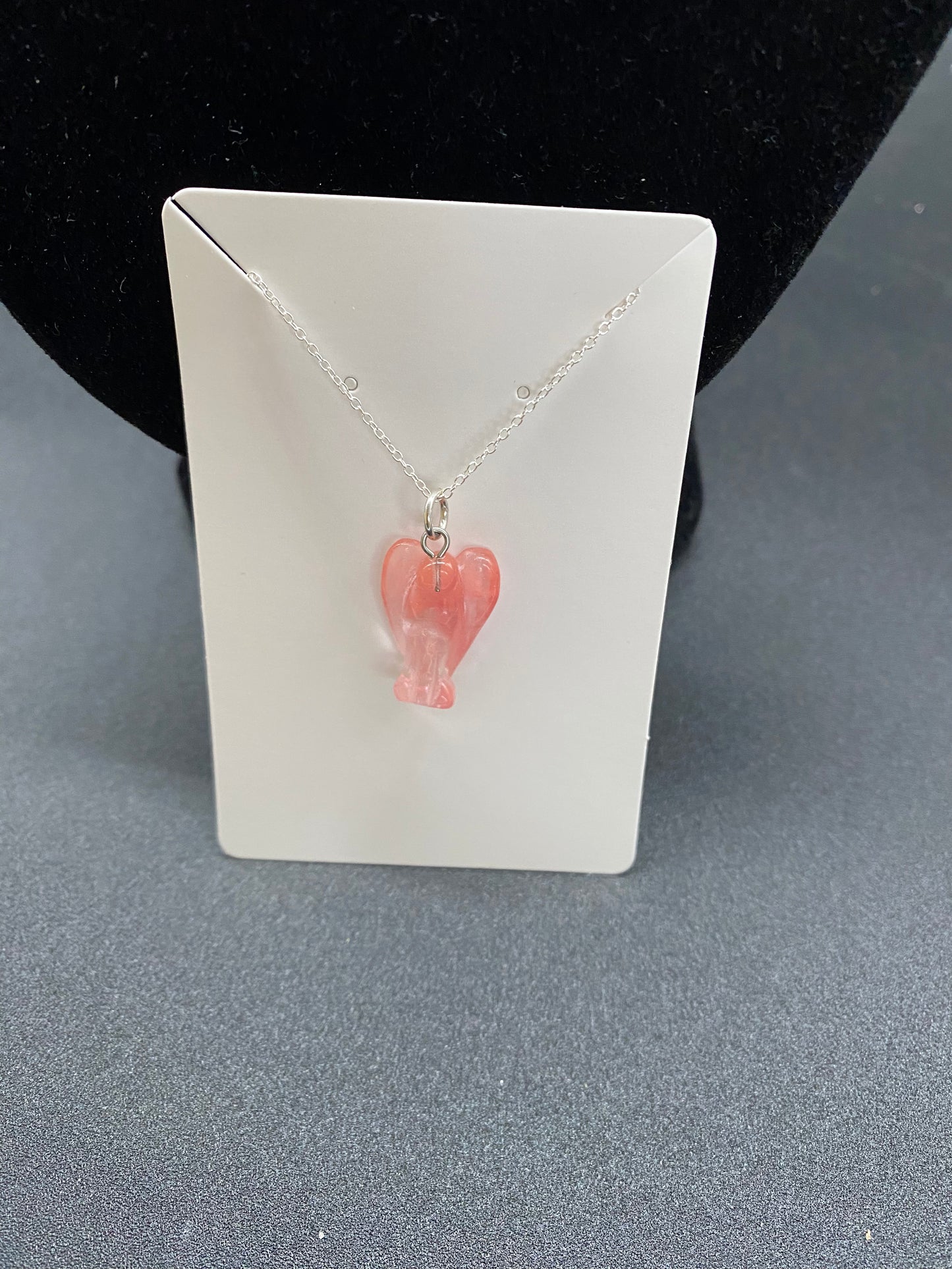 Strawberry Quartz Carved Angel Pendant on Sterling Silver Necklace