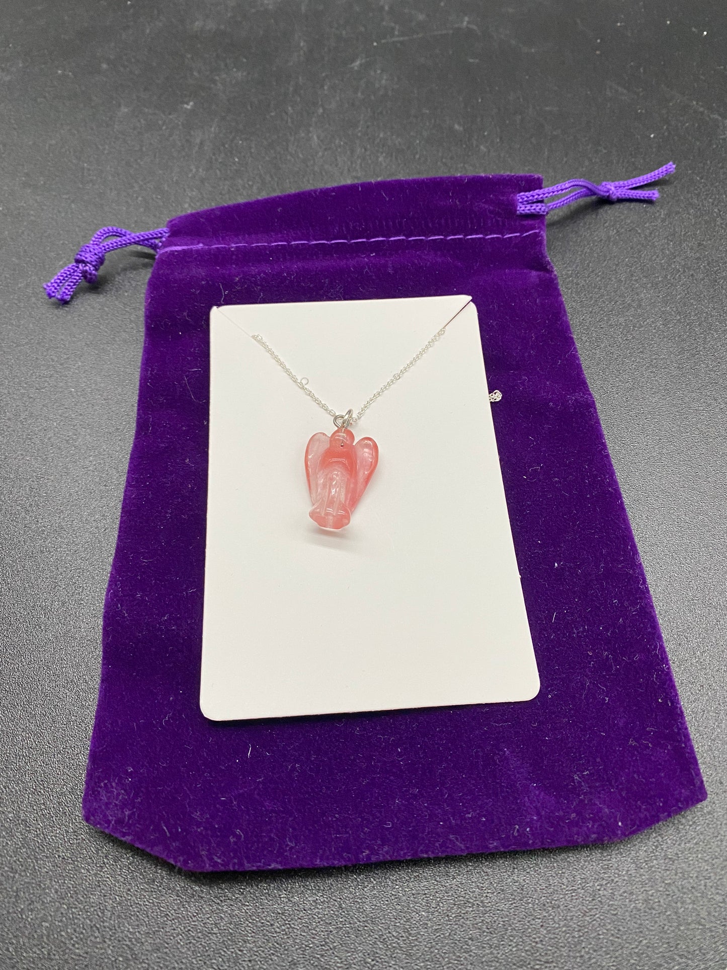 Strawberry Quartz Carved Angel Pendant on Sterling Silver Necklace