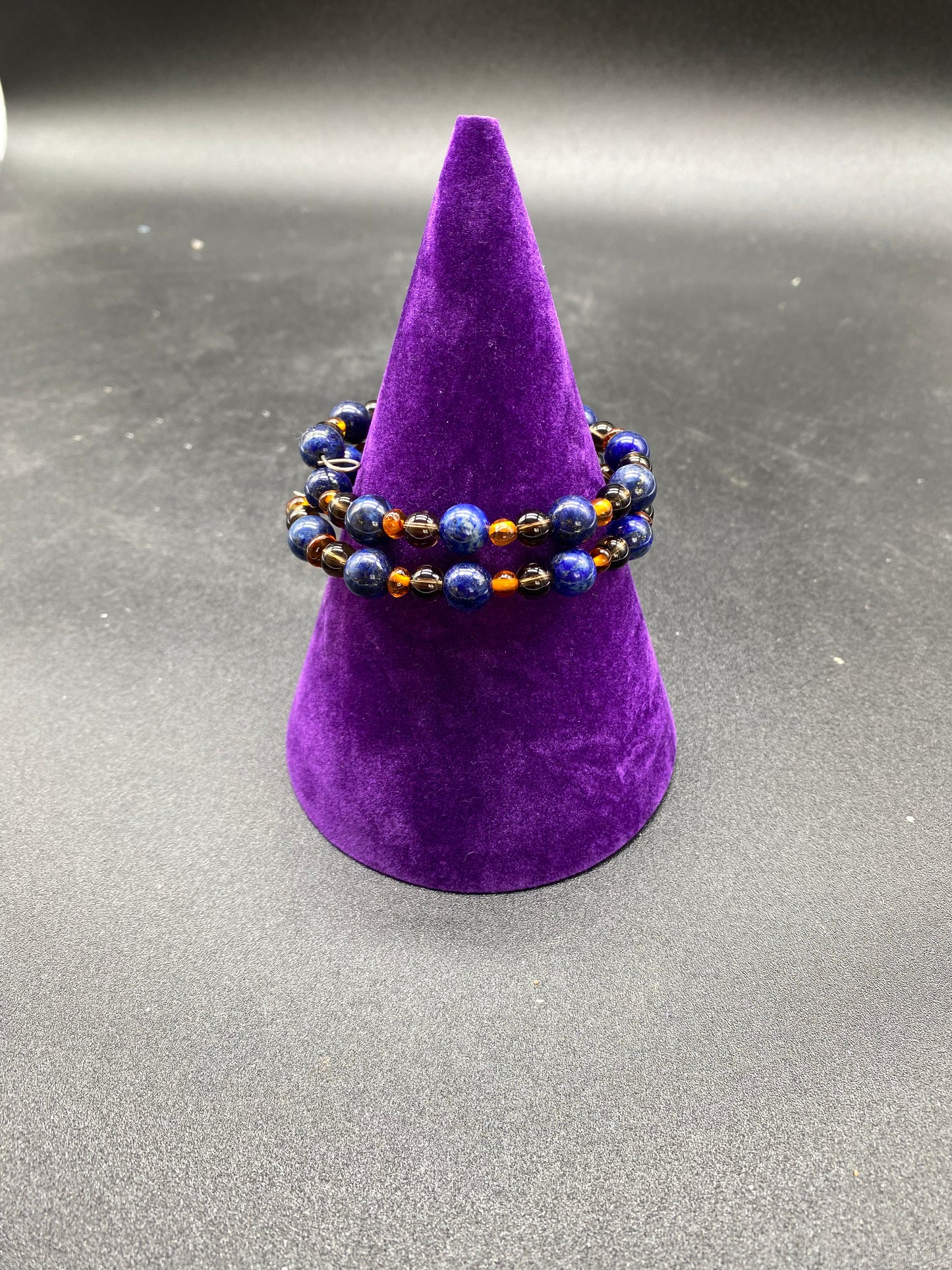 Lapis Lazuli, Smoky Quartz & Baltic Amber Memory Wire Bracelet