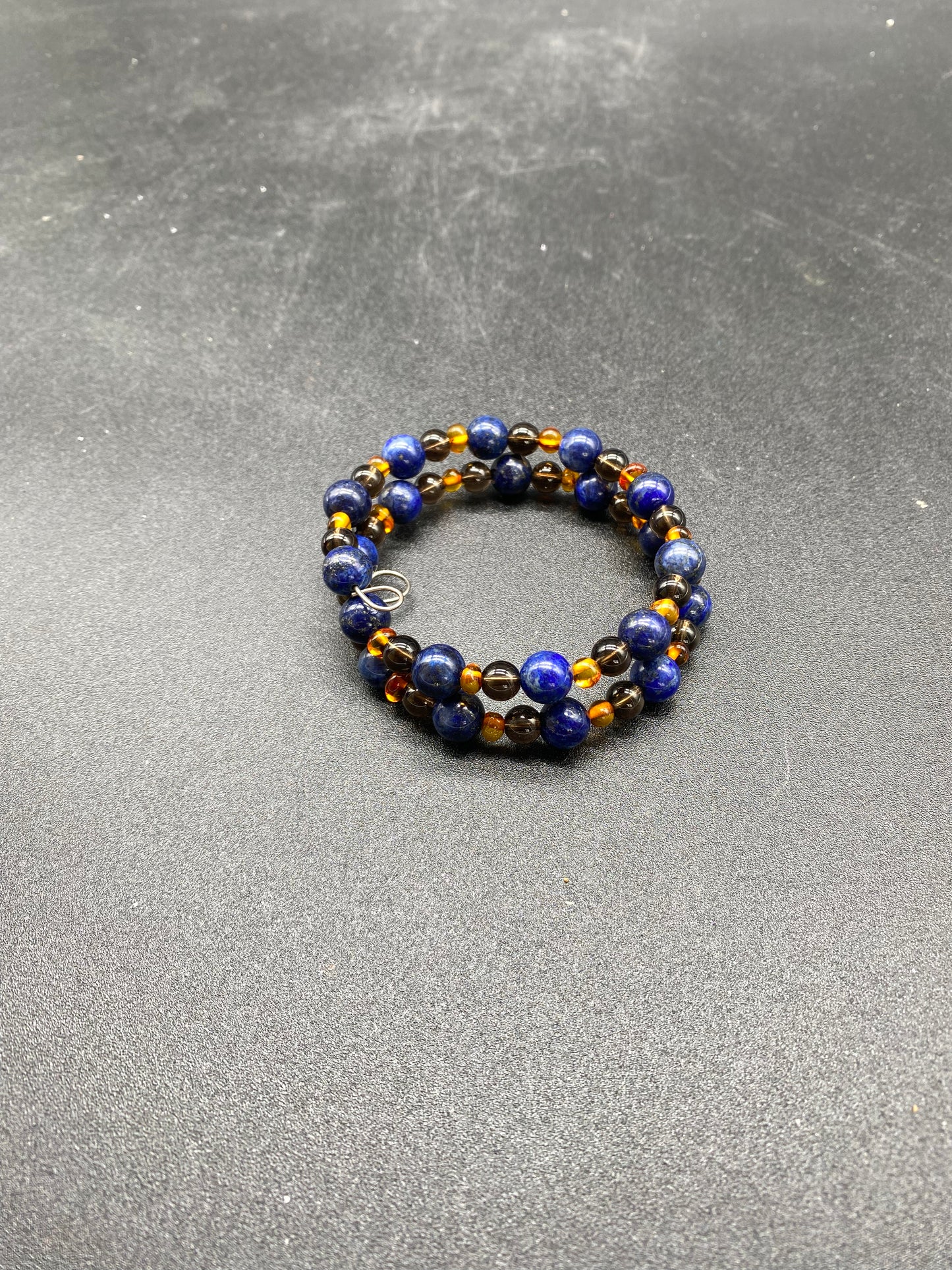 Lapis Lazuli, Smoky Quartz & Baltic Amber Memory Wire Bracelet