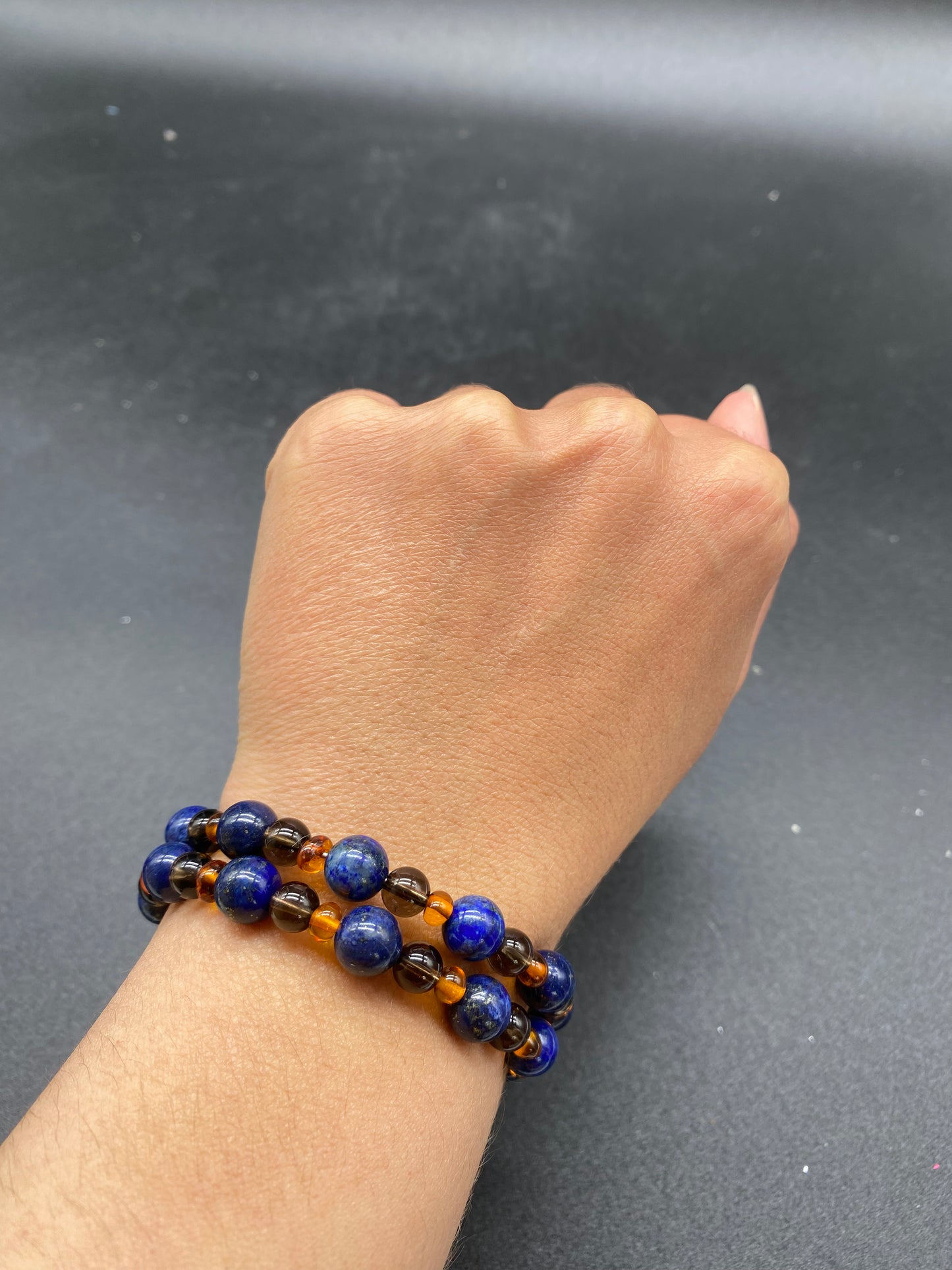 Lapis Lazuli, Smoky Quartz & Baltic Amber Memory Wire Bracelet