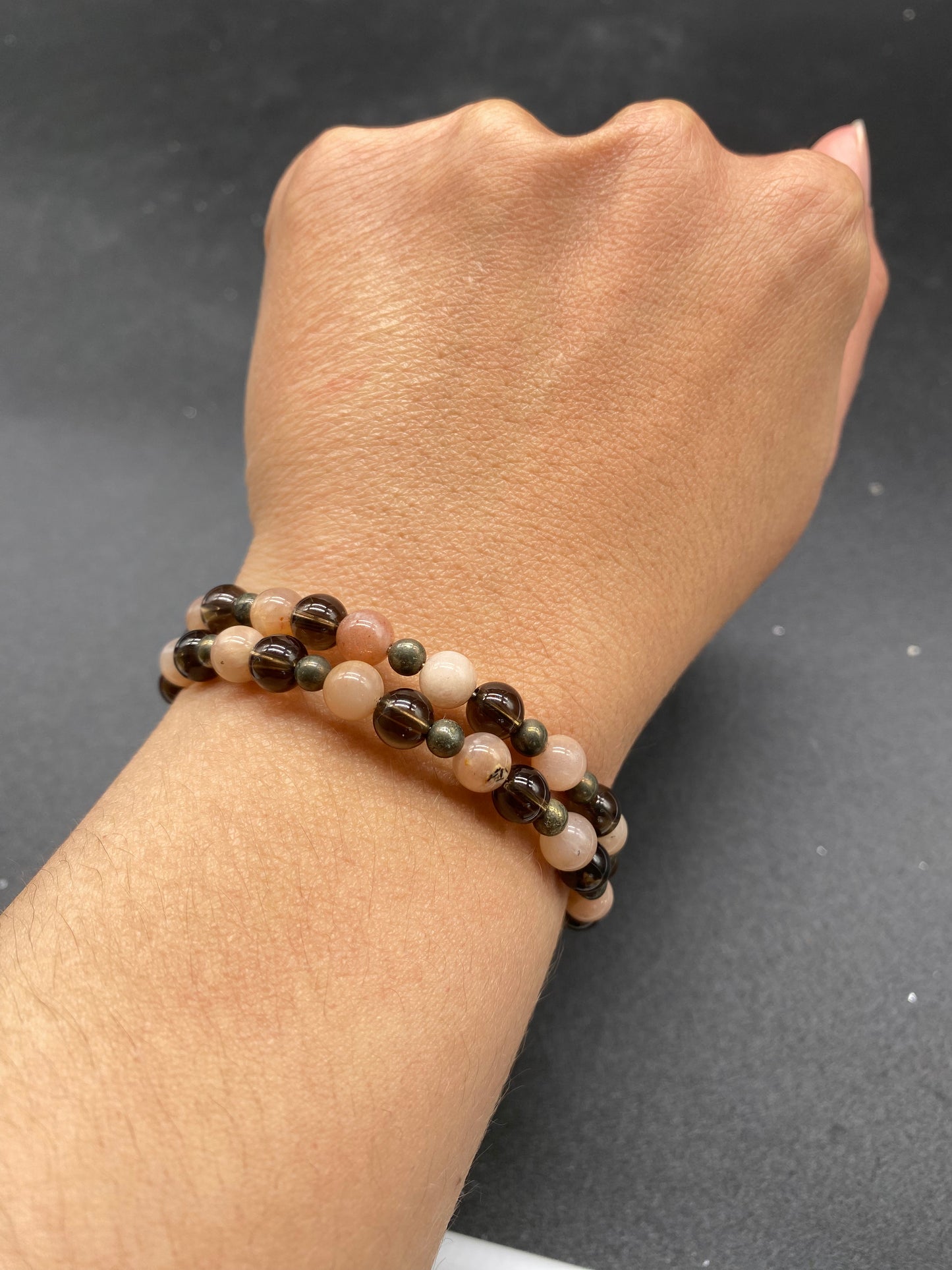 Sunstone, Smoky Quartz & Pyrite Memory Wire Bracelet