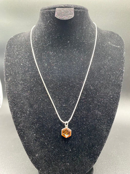 Cognac Baltic Amber Honeycomb and Bee Sterling Silver Necklace