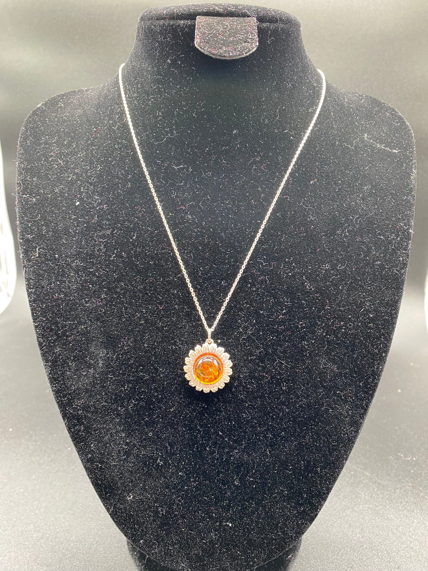 Cognac Baltic Amber Sunflower Sterling Silver Necklace