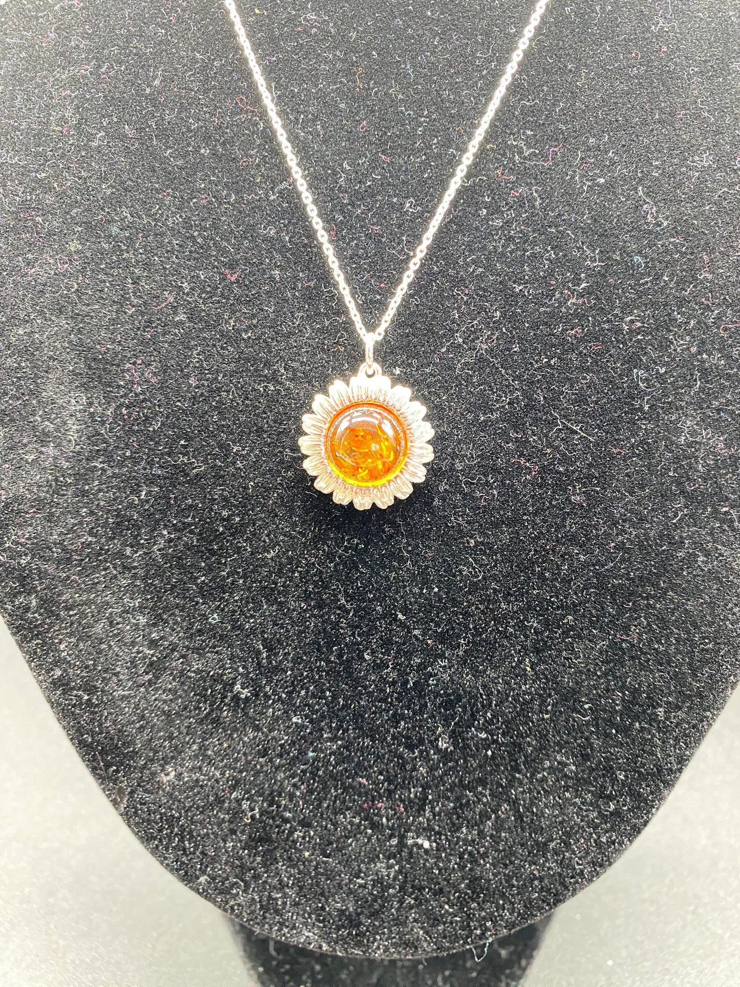 Cognac Baltic Amber Sunflower Sterling Silver Necklace