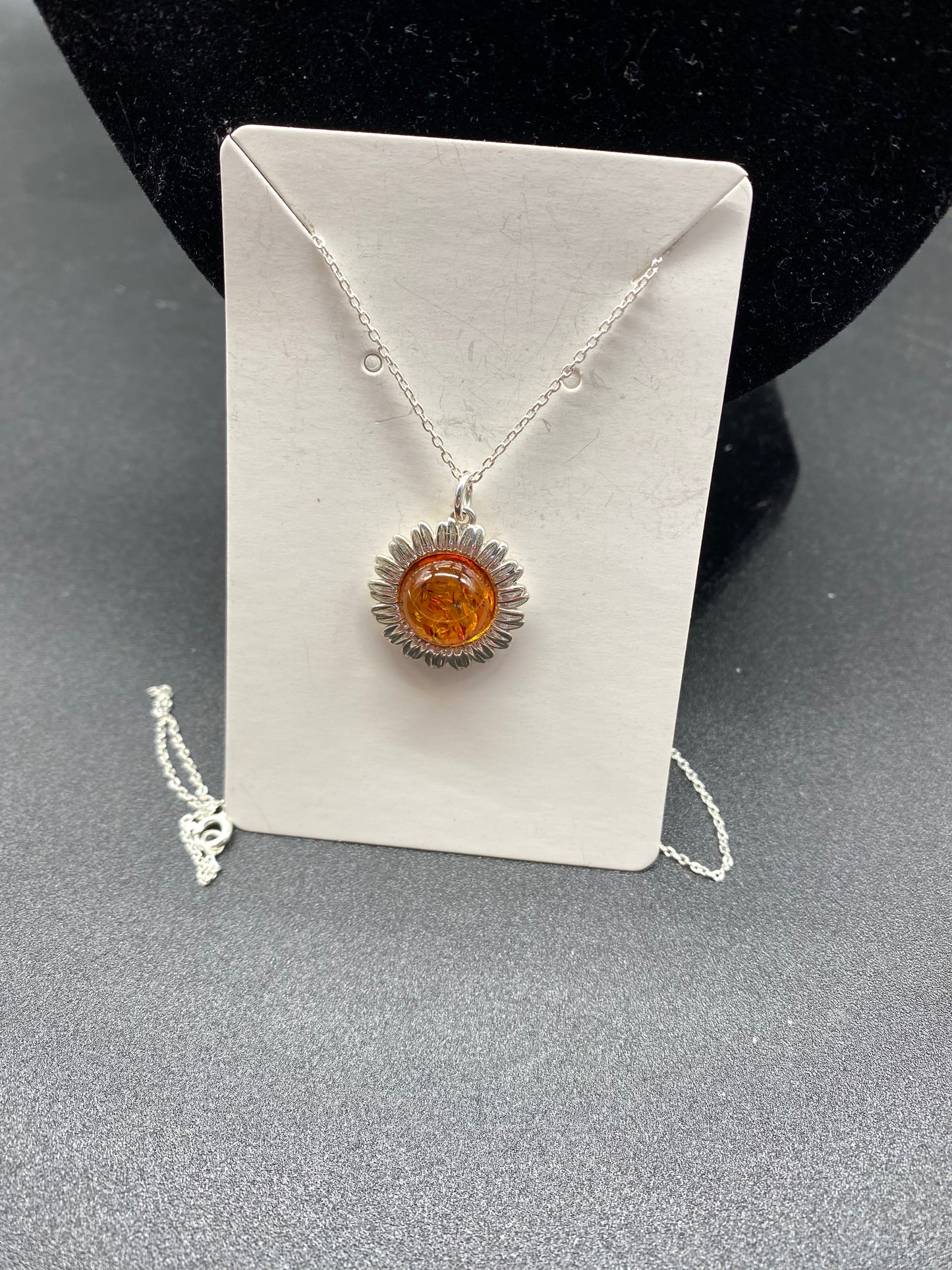 Cognac Baltic Amber Sunflower Sterling Silver Necklace