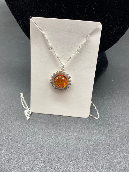 Cognac Baltic Amber Sunflower Sterling Silver Necklace