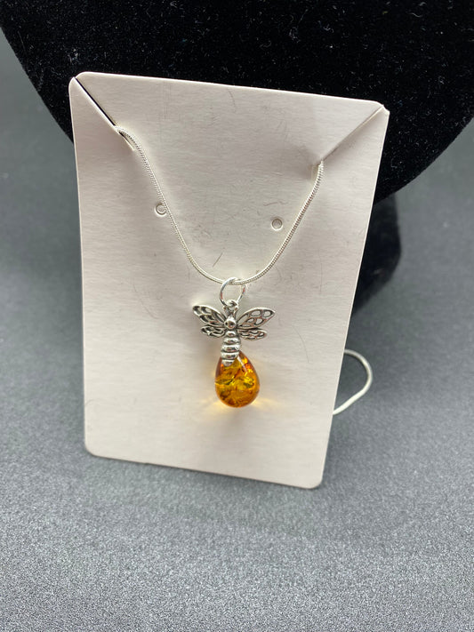 Cognac Baltic Amber Bee Sterling Silver Necklace