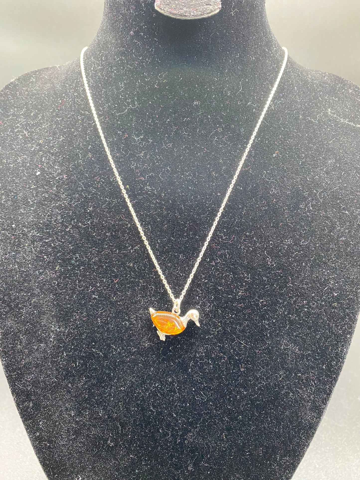 Cognac Baltic Amber Duck Sterling Silver Necklace