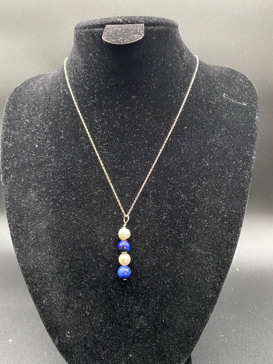 Blue Tiger's Eye & Cultured Pearl Sterling Silver Necklace