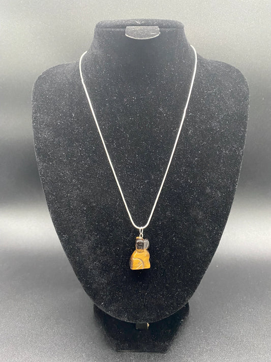 Tiger's Eye Carved Dog Pendant Sterling Silver Necklace