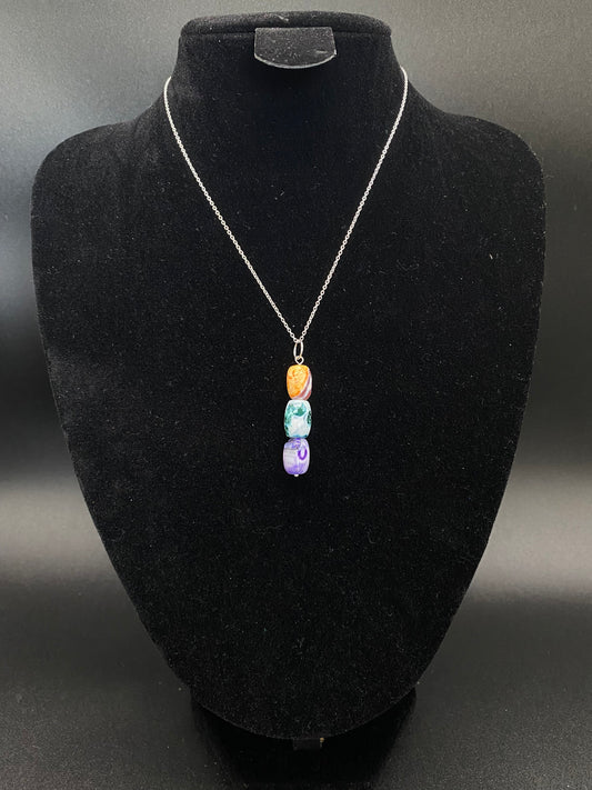 Rainbow Agate 3-Bead Drop Pendant Sterling Silver Necklace