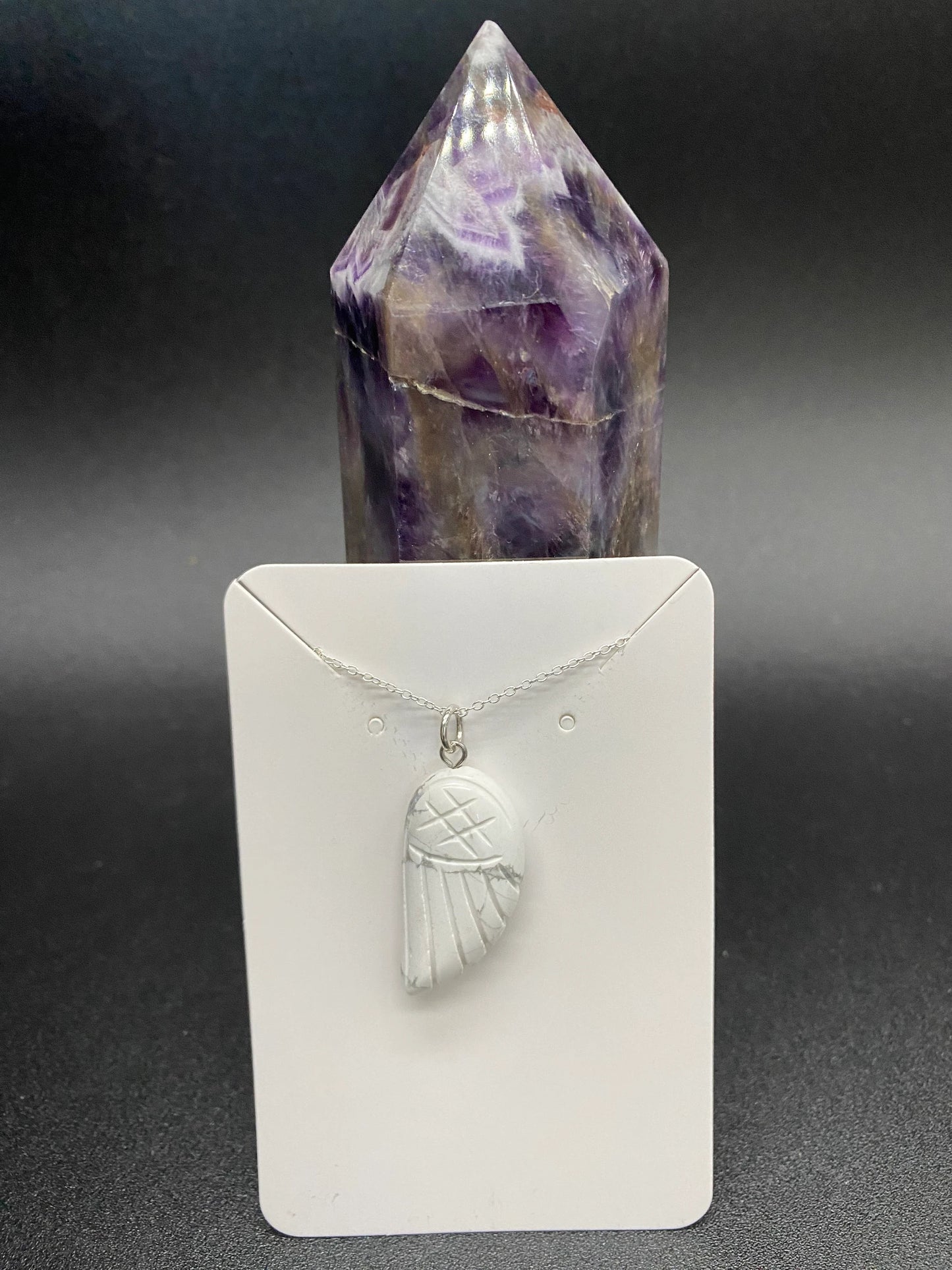 White Quartz Carved Angel Wing Pendant Sterling Silver Necklace