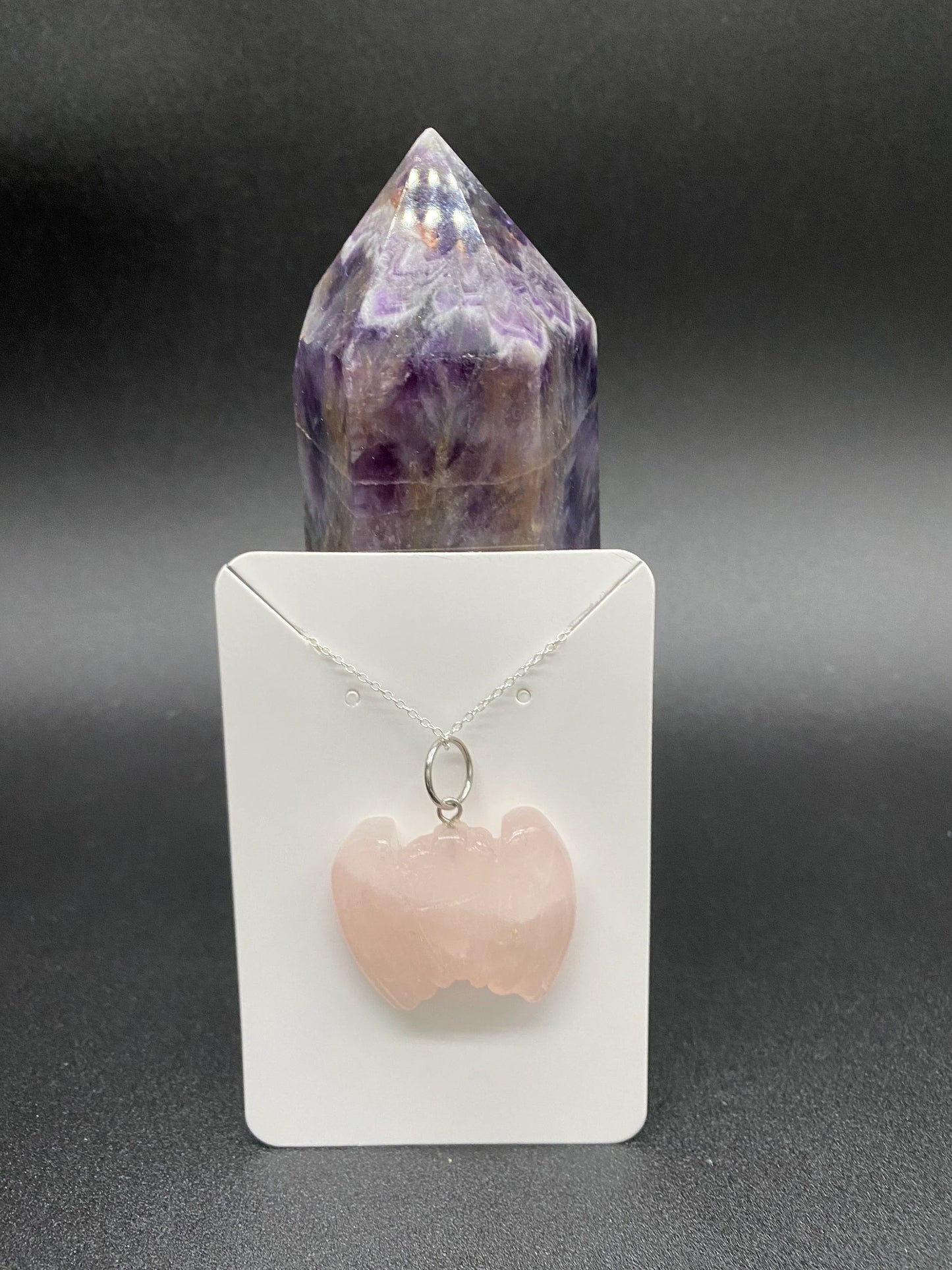 Rose Quartz Carved Bat Pendant Sterling Silver Necklace