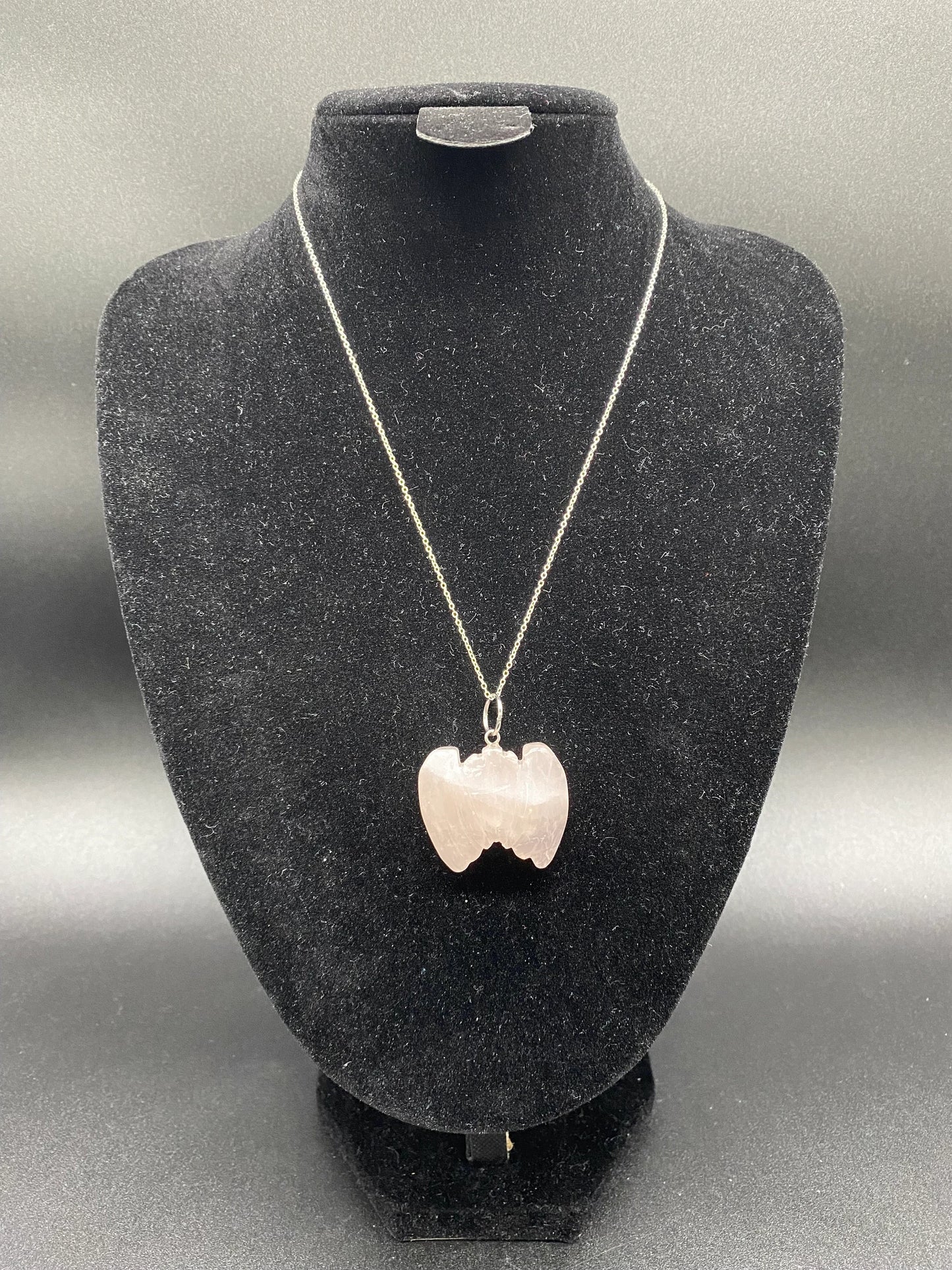 Rose Quartz Carved Bat Pendant Sterling Silver Necklace