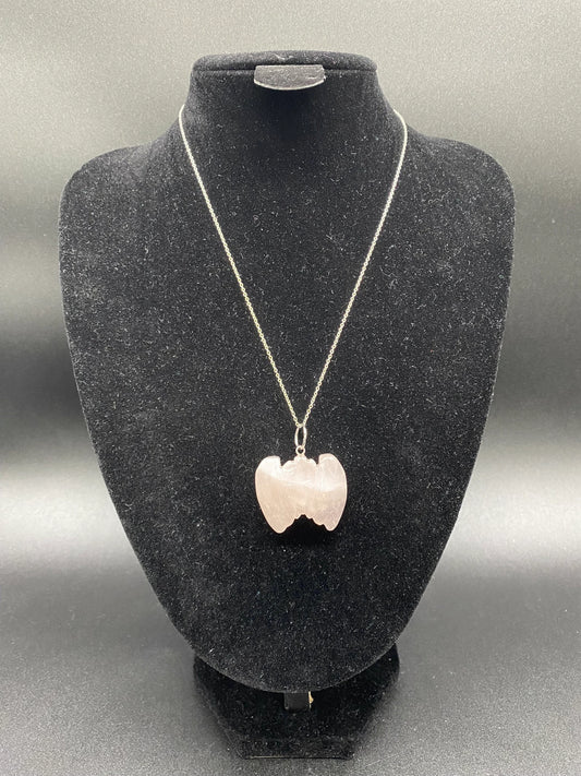 Rose Quartz Carved Bat Pendant Sterling Silver Necklace