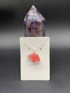 Strawberry Quartz Carved Bear Pendant Sterling Silver Necklace