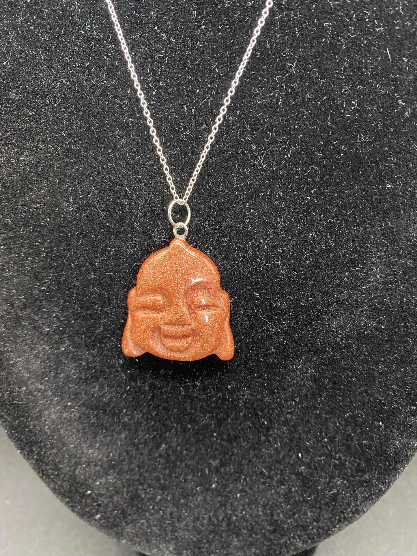 Brown Goldstone Buddha Head Sterling Silver Necklace