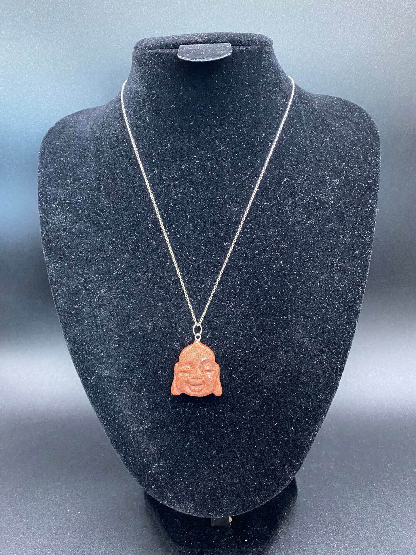 Brown Goldstone Buddha Head Sterling Silver Necklace