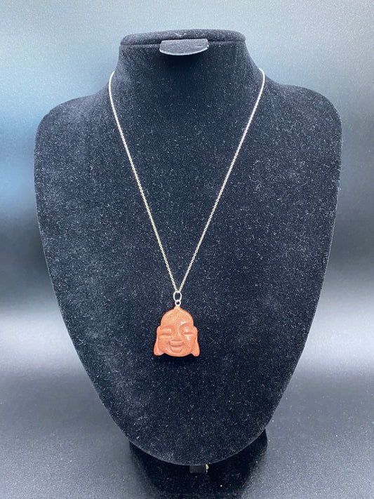 Brown Goldstone Buddha Head Sterling Silver Necklace