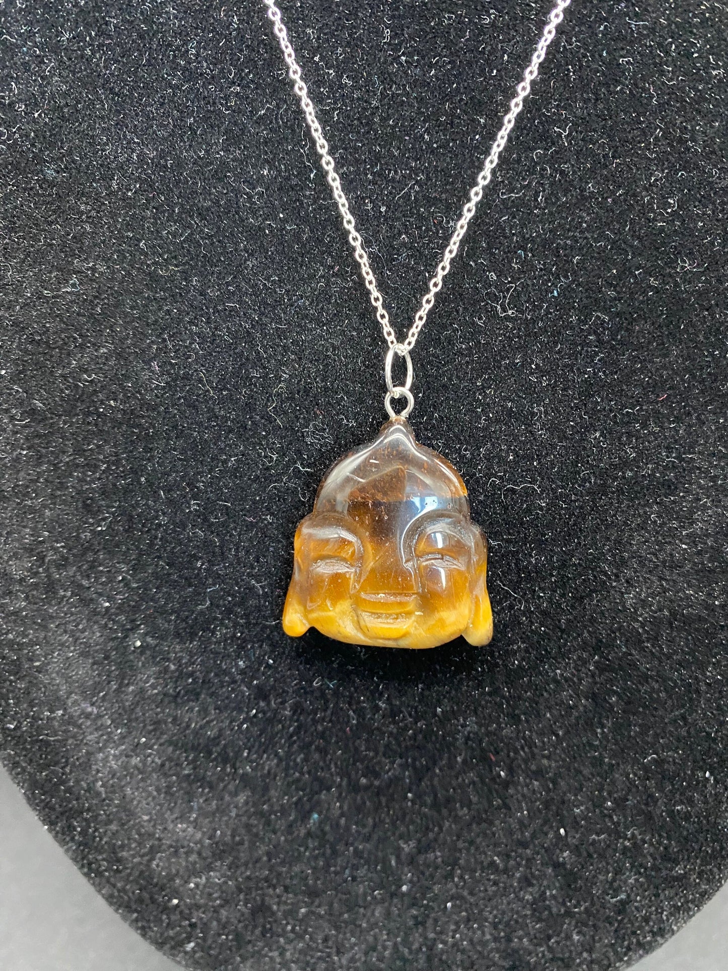 Tiger's Eye Carved Buddha Pendant Sterling Silver Necklace