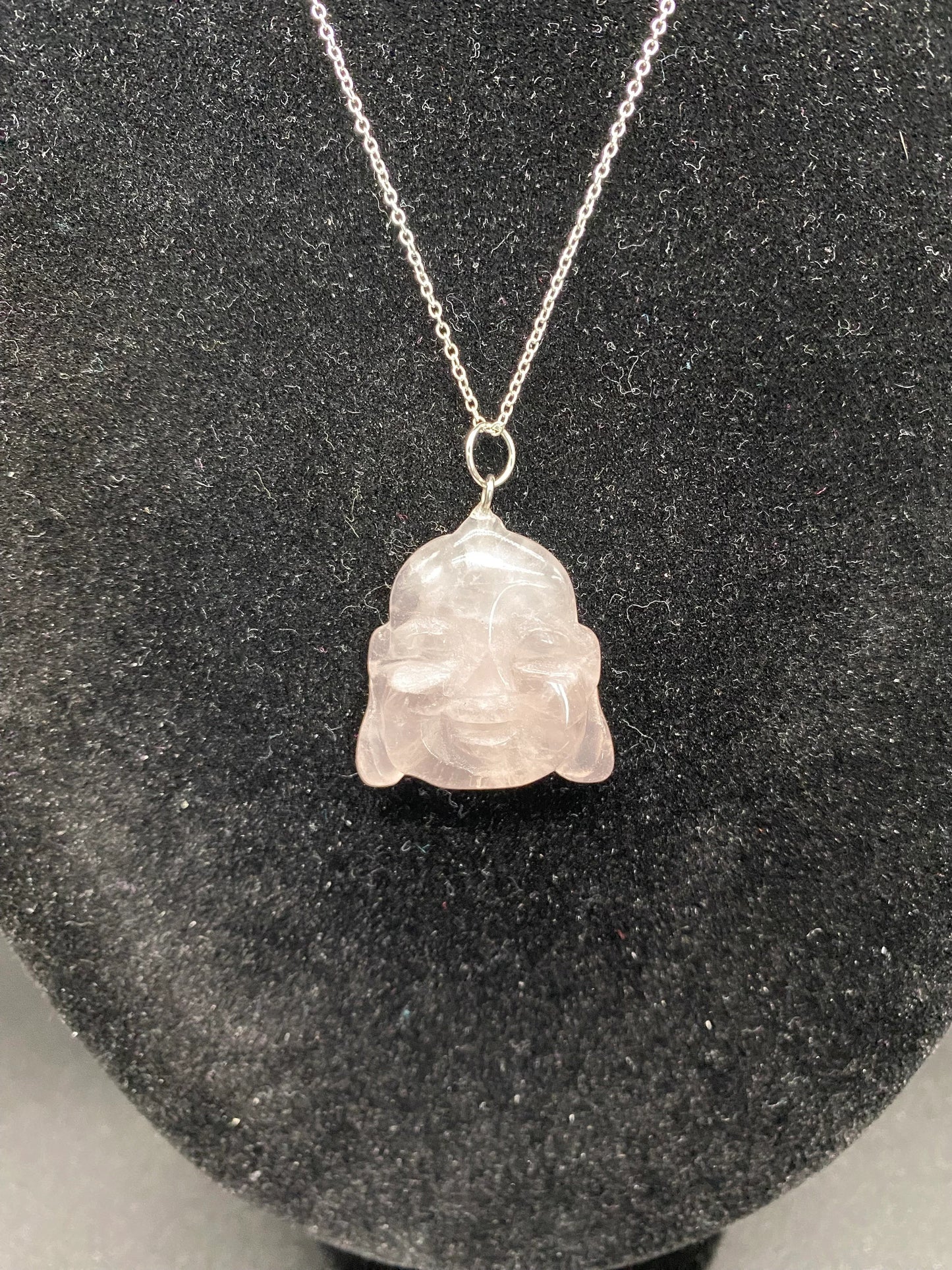 Rose Quartz Carved Buddha Pendant Sterling Silver Necklace
