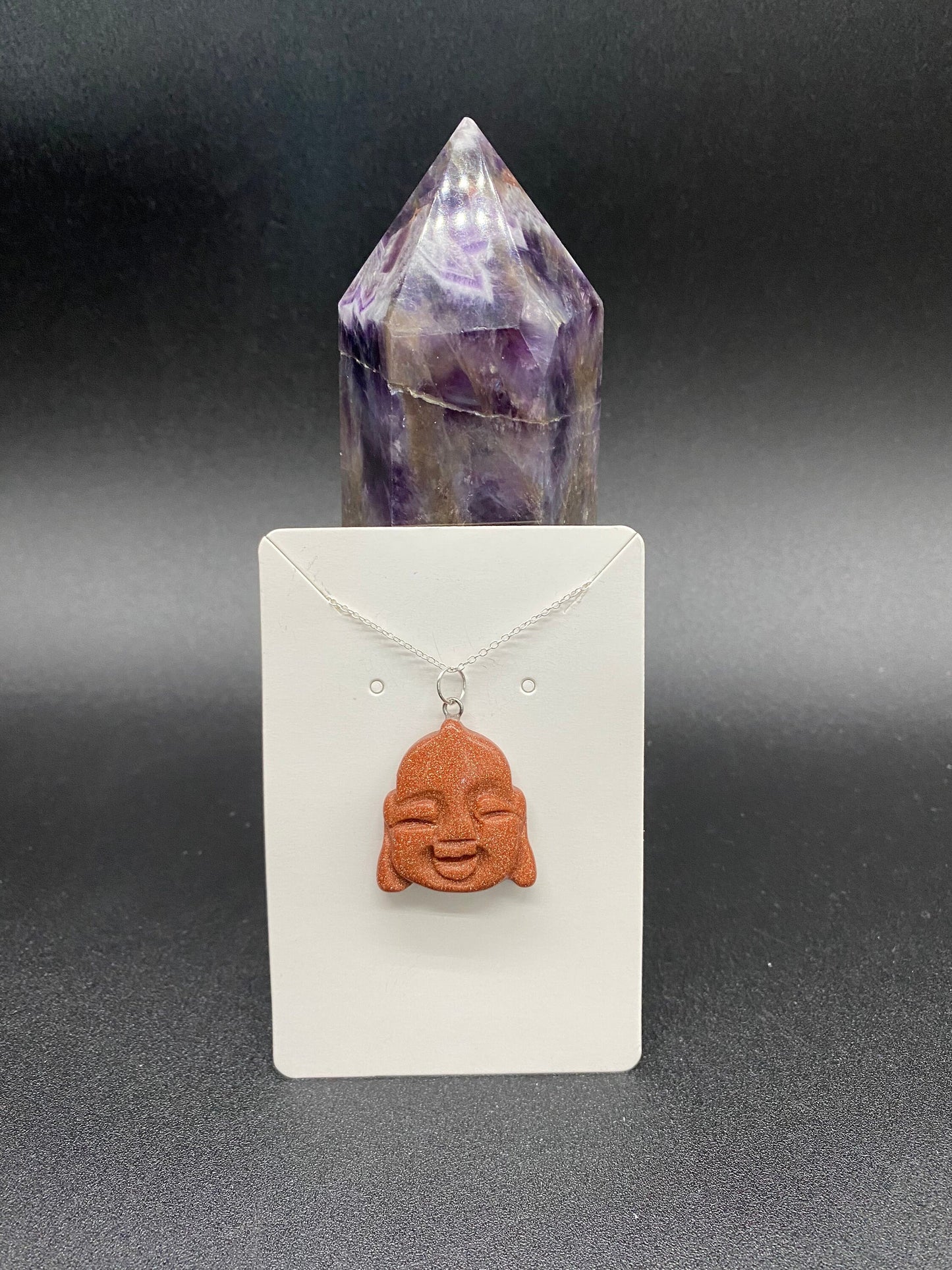 Brown Goldstone Buddha Head Sterling Silver Necklace
