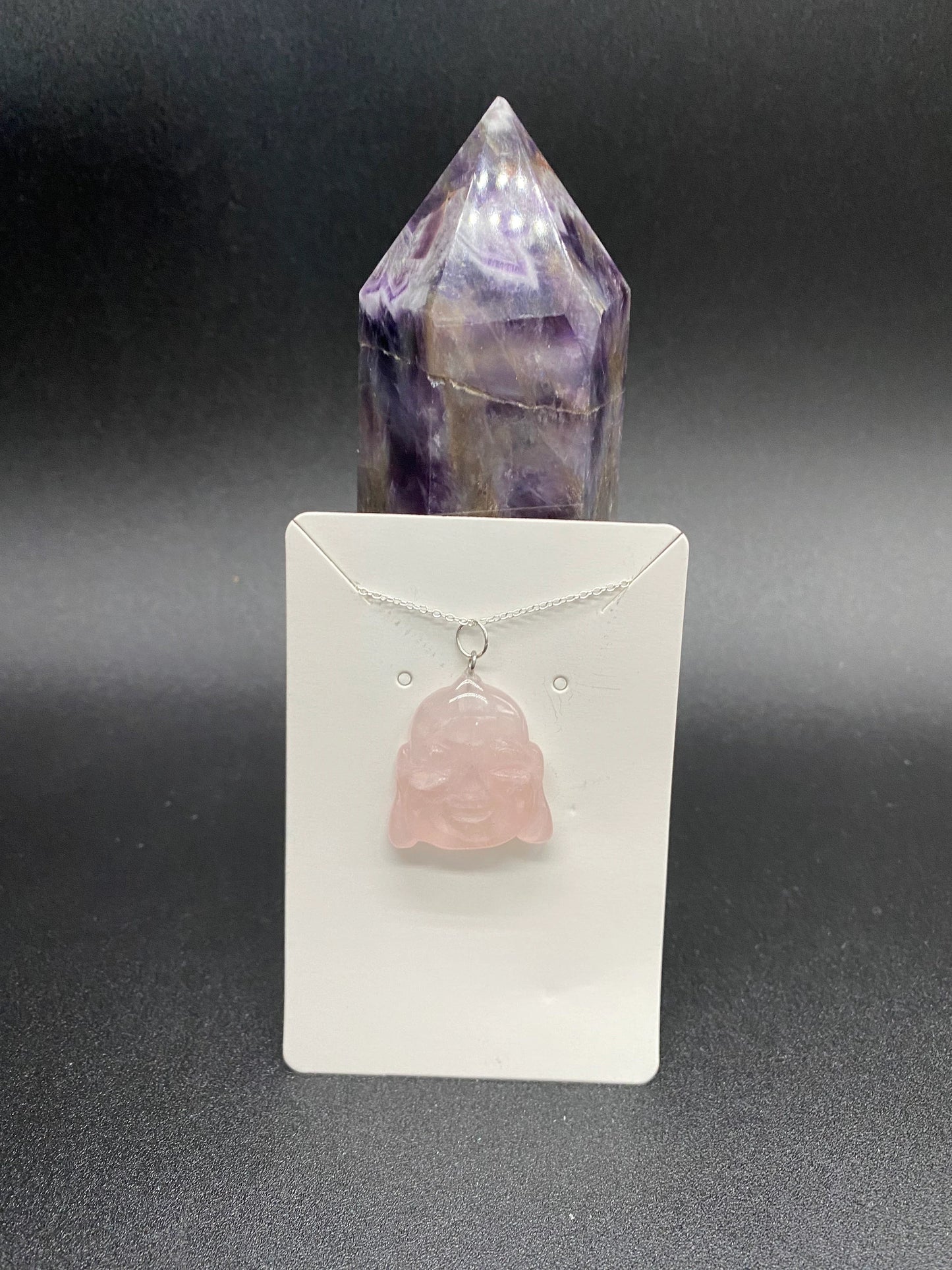 Rose Quartz Carved Buddha Pendant Sterling Silver Necklace