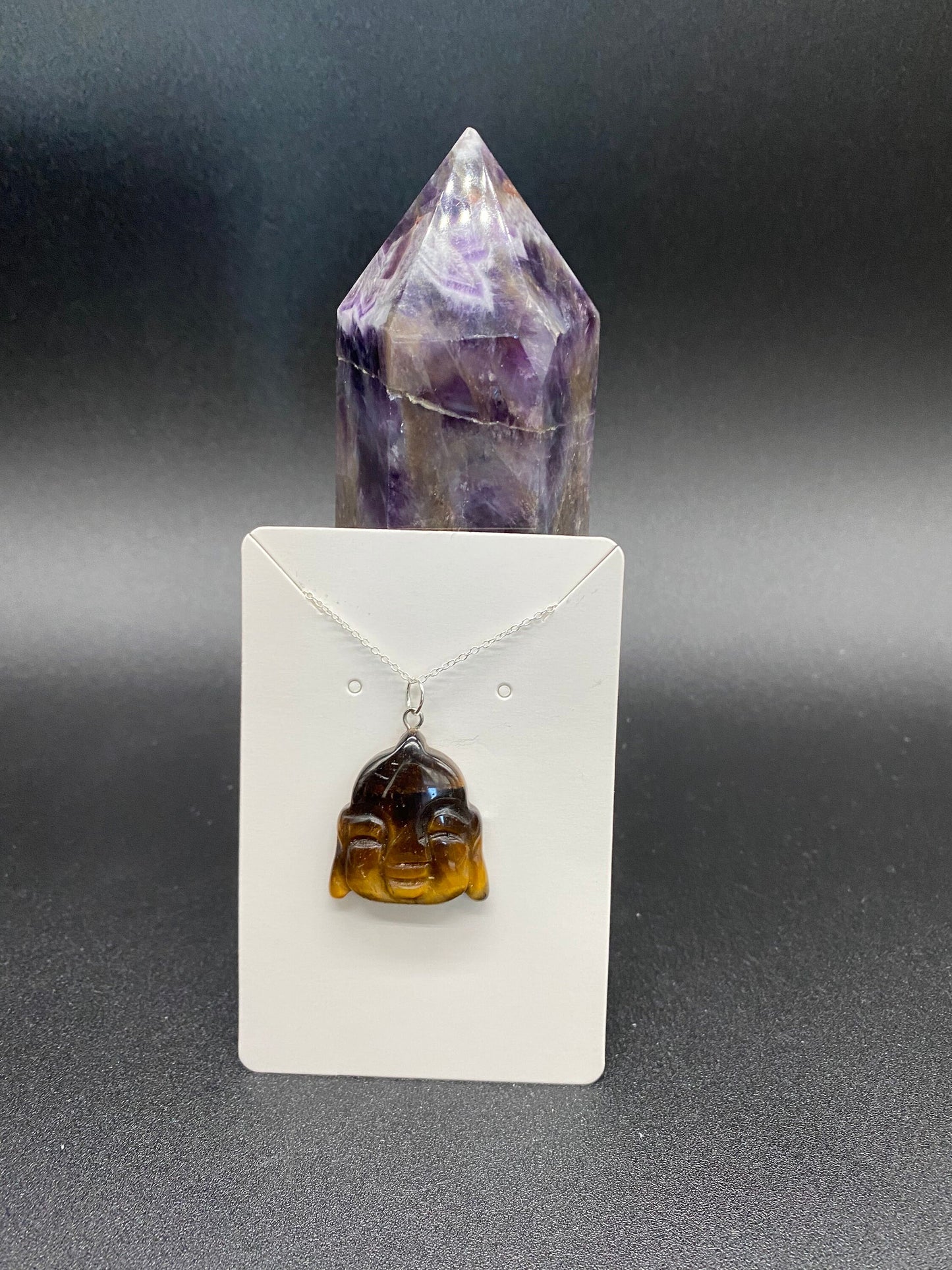 Tiger's Eye Carved Buddha Pendant Sterling Silver Necklace