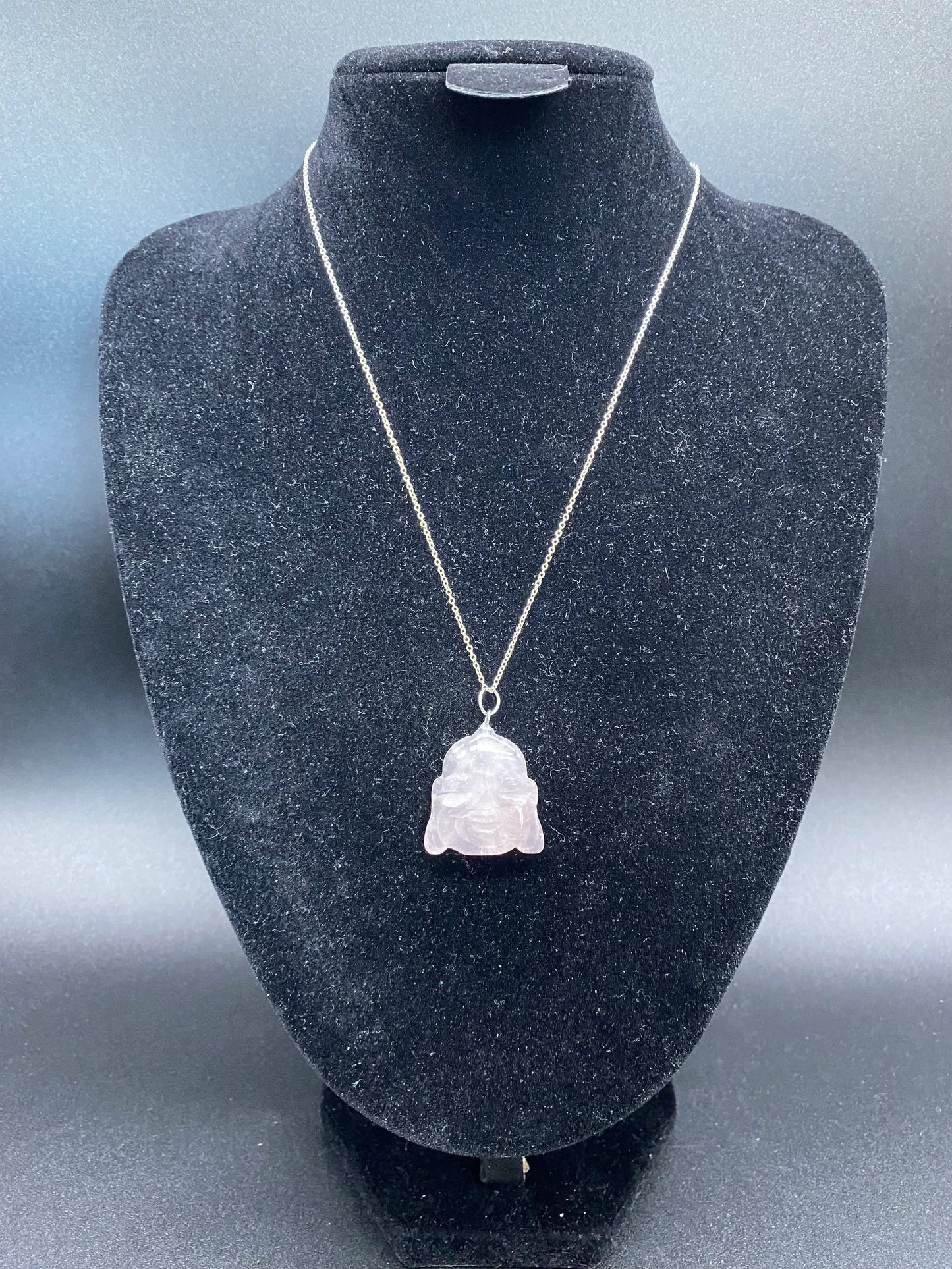 Rose Quartz Carved Buddha Pendant Sterling Silver Necklace