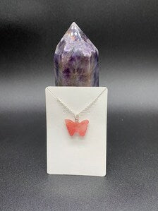 Strawberry Quartz Carved Butterfly Pendant  Sterling Silver Necklace