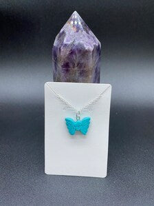 Turquoise Howlite Carved Butterfly Pendant Sterling Silver Necklace