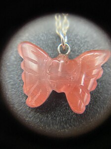 Strawberry Quartz Carved Butterfly Pendant  Sterling Silver Necklace