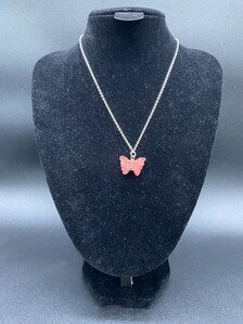 Strawberry Quartz Carved Butterfly Pendant  Sterling Silver Necklace