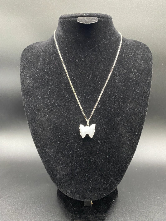 White Quartz Carved Butterfly Sterling Silver Necklace
