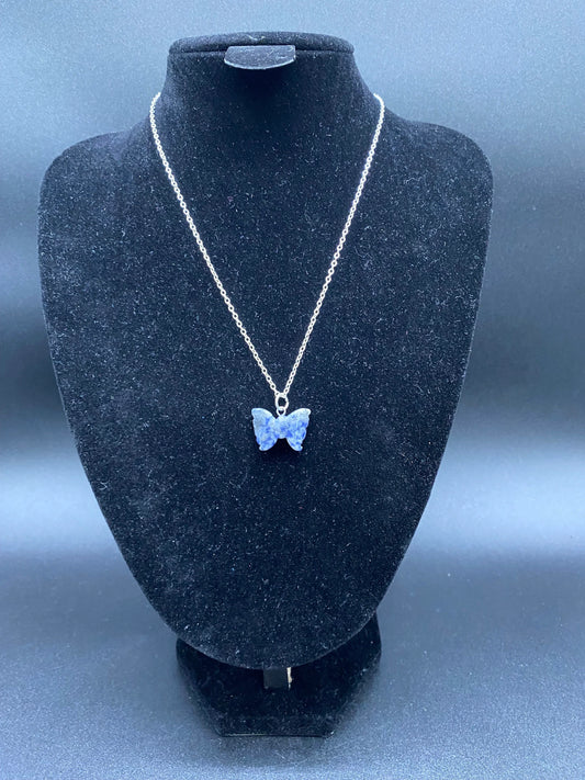 Sodalite Butterfly Pendant Sterling Silver Necklace