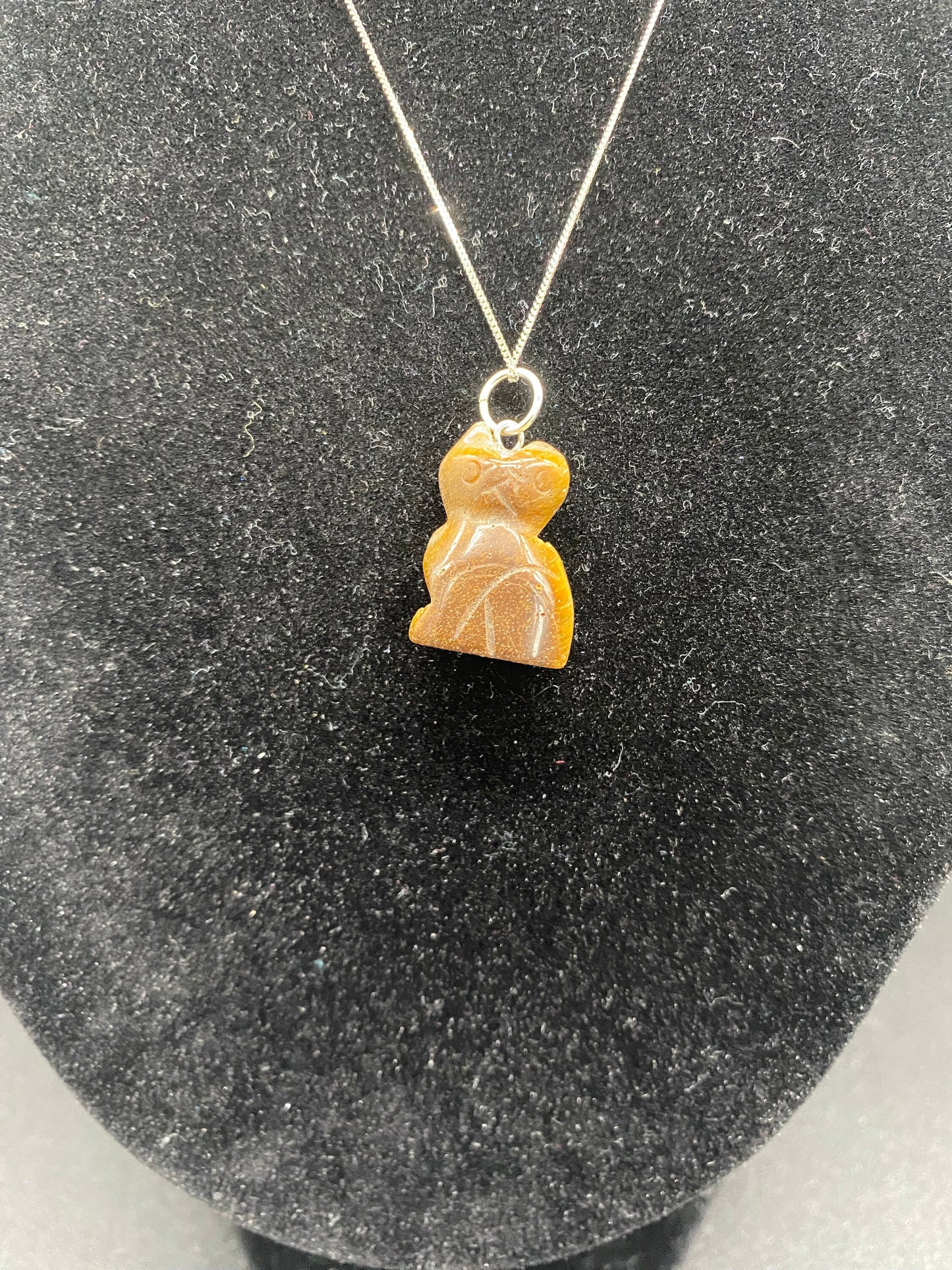 Tiger's Eye Carved Cat Pendant Sterling Silver Necklace