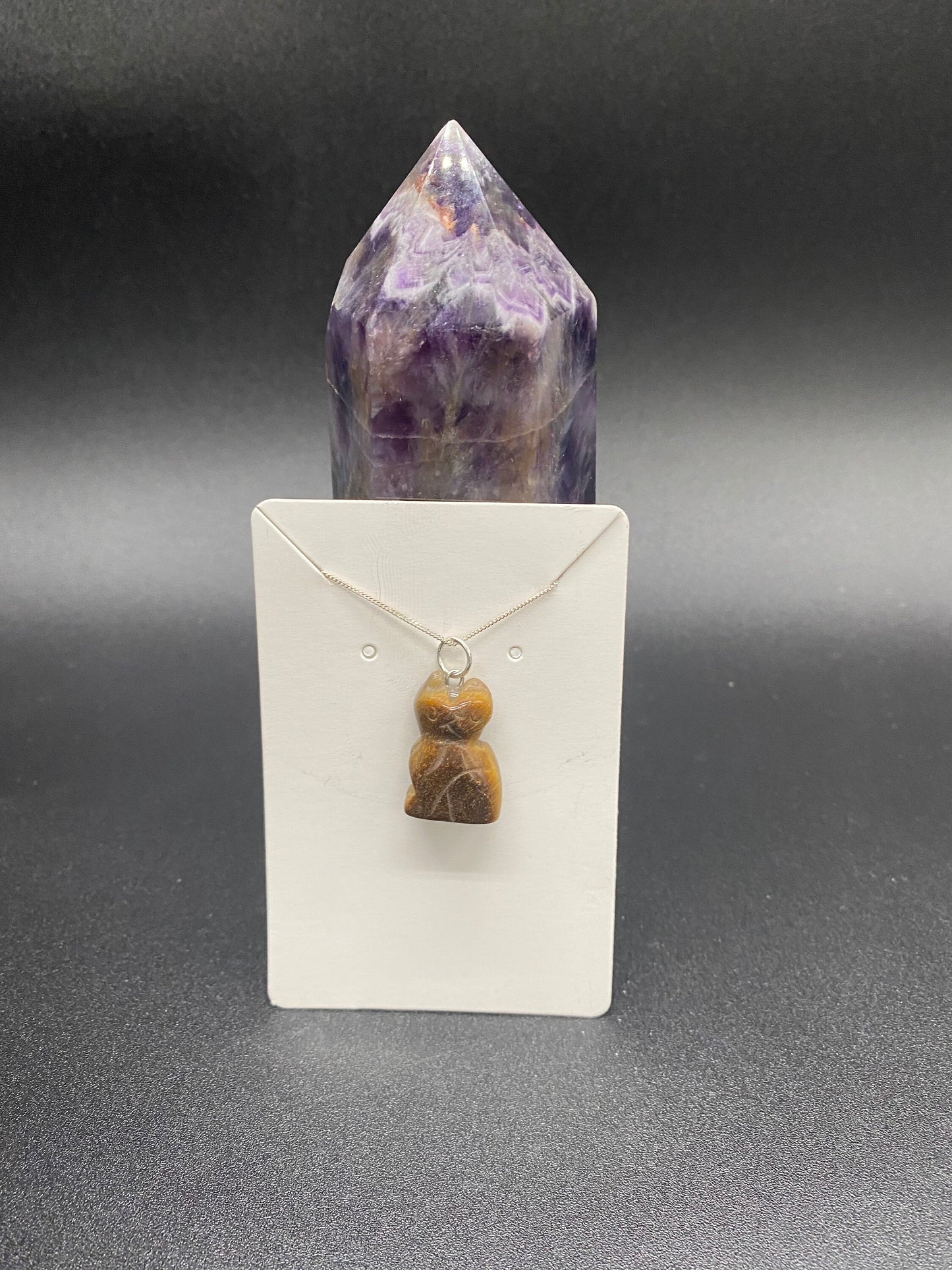 Tiger's Eye Carved Cat Pendant Sterling Silver Necklace