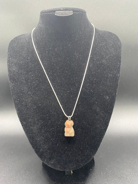 Unakite Carved Cat Sterling Silver Necklace