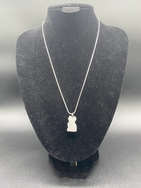 White Quartz Carved Cat Sterling Silver Necklace