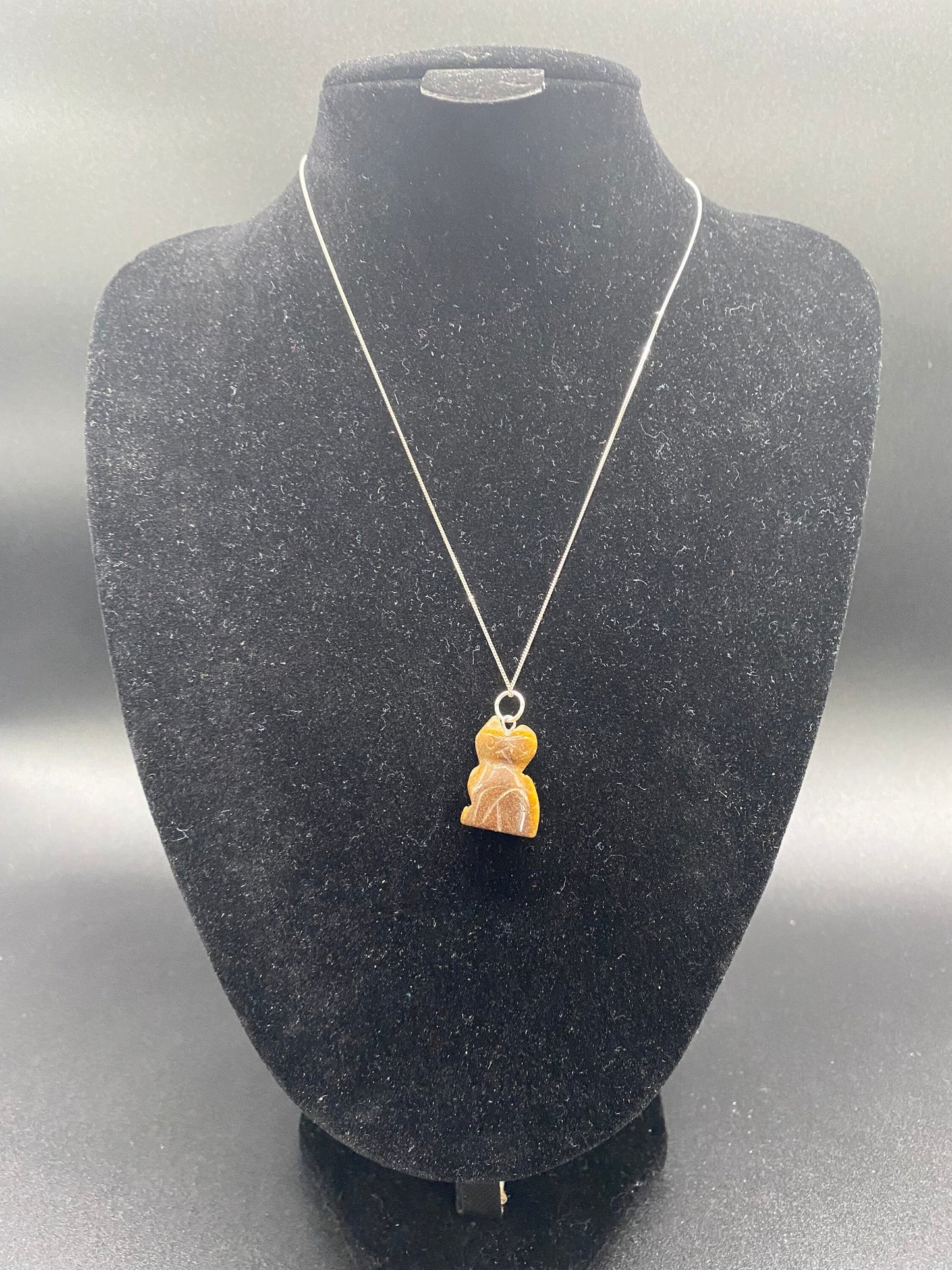 Tiger's Eye Carved Cat Pendant Sterling Silver Necklace