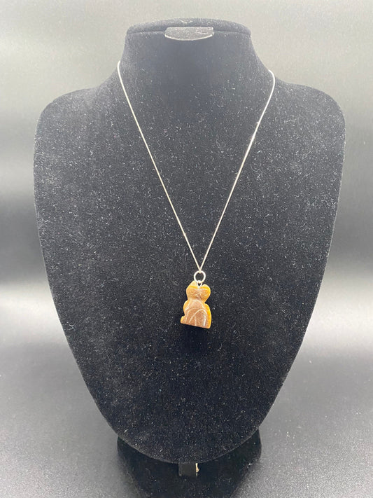 Tiger's Eye Carved Cat Pendant Sterling Silver Necklace