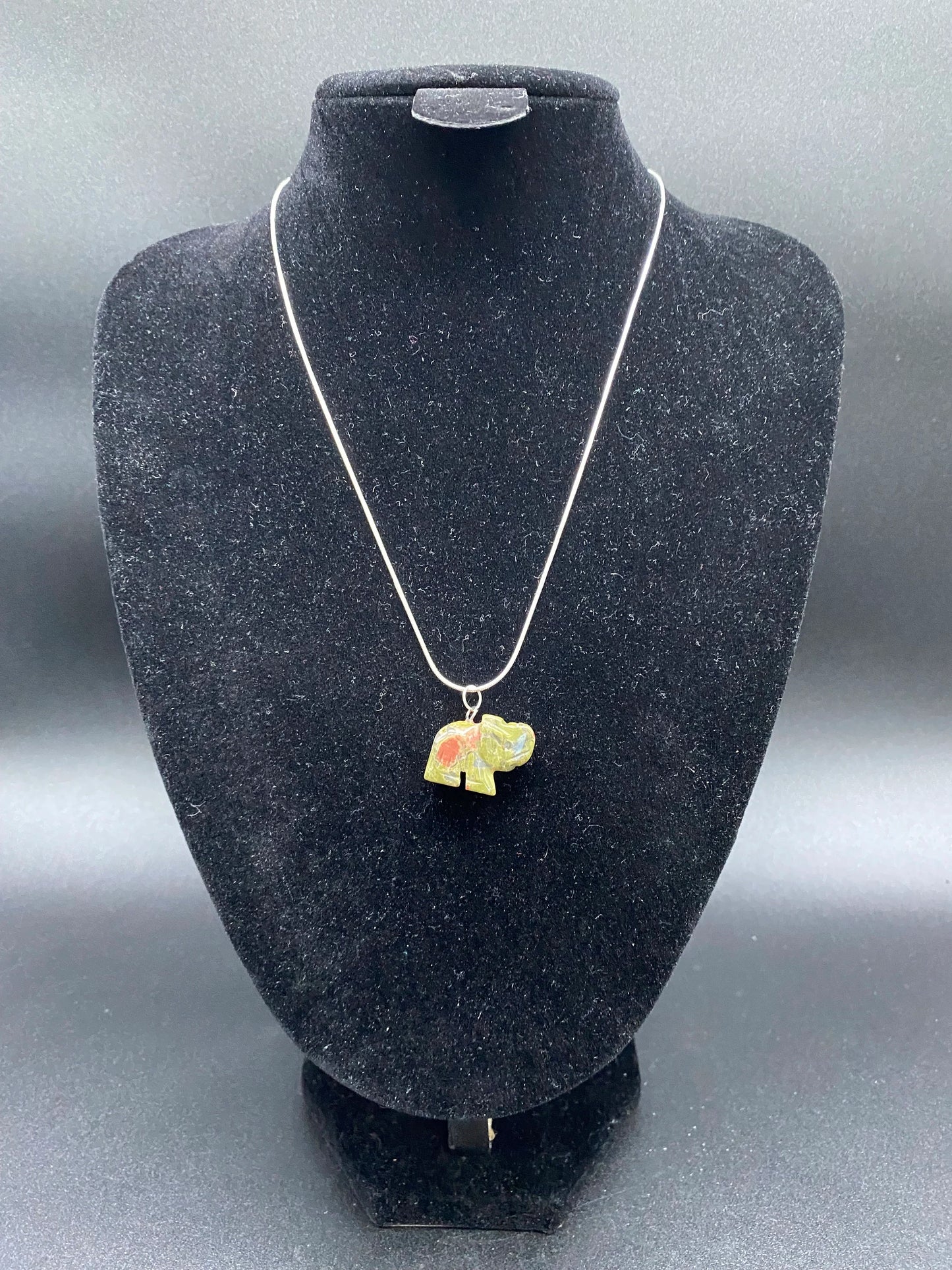 Unakite Elephant Pendant Sterling Silver Necklace