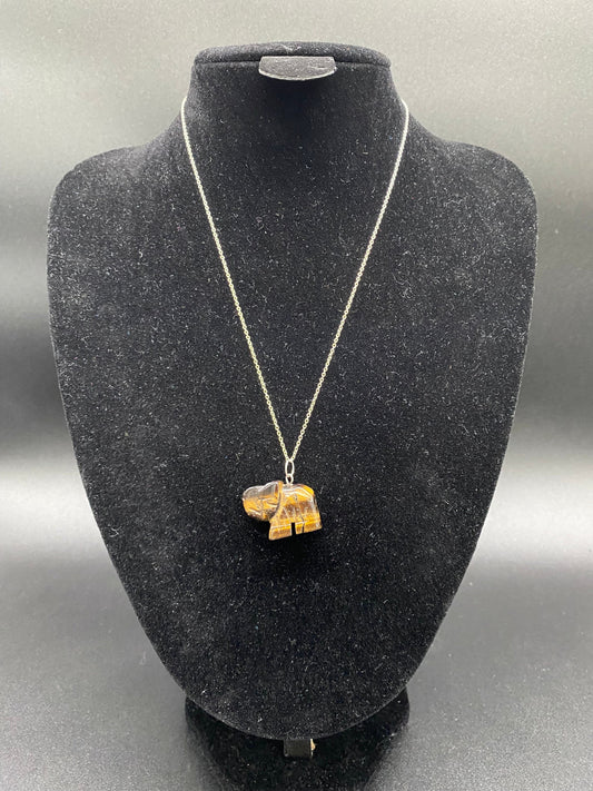Tiger's Eye Carved Elephant Pendant Sterling Silver Necklace