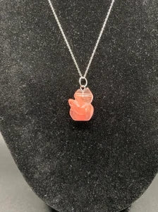 Strawberry Quartz Carved Fox Pendant  Sterling Silver Necklace